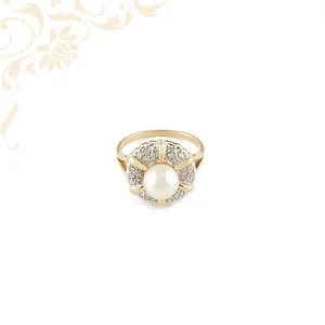 Női gyémántköves arany gyűrű édesvízi gyönggyel ékesítve