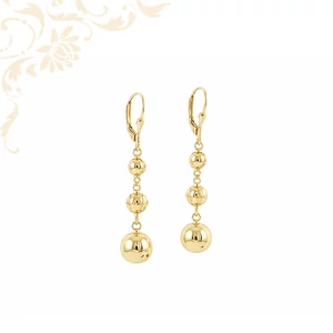 Arany függő fülbevaló gömböcskékkel, elegáns hosszú női arany ékszer.