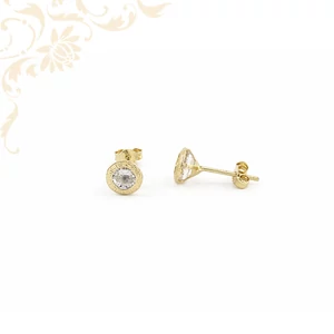 Modern geometrikus arany fülbevaló görög meander mintával és központi fehér cirkónia kővel