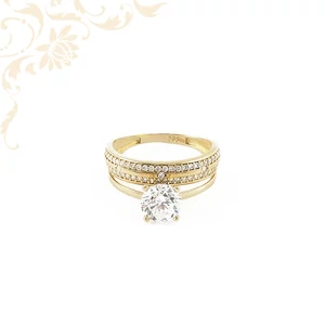 14 karátos női arany gyűrű szikrázó középső kővel és két sávos kőberakással - modern design 14 karátos női arany gyűrű szikrázó középső kővel és két sávos kőberakással - modern design