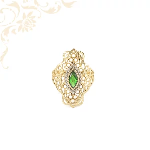14 karátos arany gyűrű zöld szintetikus kővel és cirkónia díszítéssel – elegáns, csipkemintás női ékszer 14 karátos arany gyűrű zöld szintetikus kővel és cirkónia díszítéssel – elegáns, csipkemintás női ékszer
