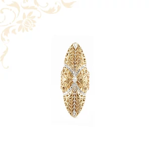 Hosszított fazonú 14 karátos arany gyűrű áttört csipkemintával és fehér ródium díszítéssel