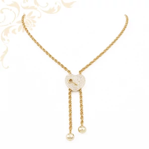 14K arany nyaklánc cirkónia köves szív lakat és kulcs motívummal, lelógó dupla láncvéggel, női ékszer