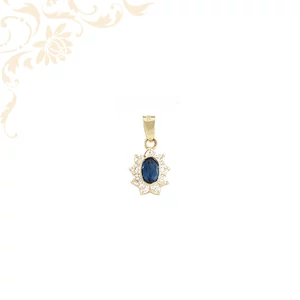 Marguerite/Koronás stílusú 14K sárga arany medál . Központi ovális, sötétkék kő, amelyet apró, fehér cirkónia kövek díszítenek. Marguerite/Koronás stílusú 14K sárga arany medál . Központi ovális, sötétkék kő, amelyet apró, fehér cirkónia kövek díszítenek.