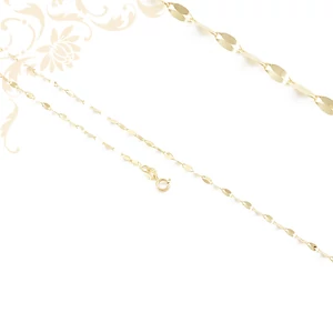 14K sárga arany női nyaklánc, kis súlyú, lapos szemű, modern vonalvezetésű lánctípus. Finom, diszkrét és könnyű viselet. 14K sárga arany női nyaklánc, kis súlyú, lapos szemű, modern vonalvezetésű lánctípus. Finom, diszkrét és könnyű viselet.