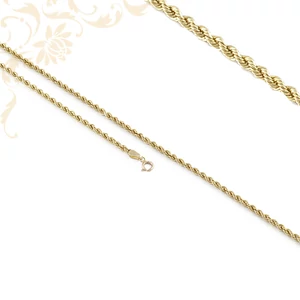 14K sárga arany női nyaklánc, klasszikus Walles (Kötél/Rope) fonású lánctípus. Sodrott textúra, tartós és gazdagon csillogó. 14K sárga arany női nyaklánc, klasszikus Walles (Kötél/Rope) fonású lánctípus. Sodrott textúra, tartós és gazdagon csillogó.