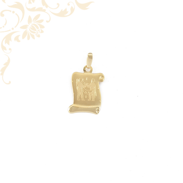 Pergamen alakú horoszkópos arany medál, melynek közepét gyémántvésett ikrek zodiákus jegy díszíti.