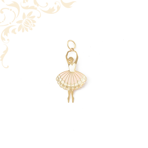Kis súlyú, mindkét oldalán színes lakkfestéssel díszített arany balerina lapmedál.