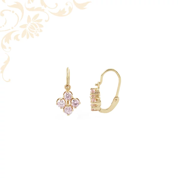 14 karátos arany fülbevaló rózsaszín cirkónia kövekkel, virág alakú gyermek és női ékszer