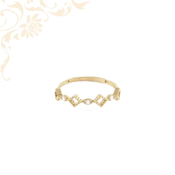 14 karátos modern női arany gyűrű geometrikus mintával és finom kövekkel, elegáns ékszer