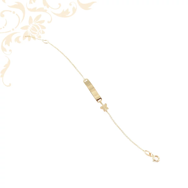 14 karátos arany gyermek karlánc gravírozható táblával és pillangó dísszel 14 karátos arany gyermek karlánc gravírozható táblával és pillangó dísszel