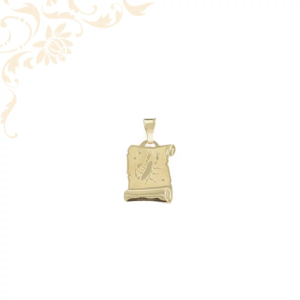 14 karátos arany Skorpió horoszkópos medál pergamen formában, csillagjegy szimbolikájú ékszer 14 karátos arany Skorpió horoszkópos medál pergamen formában, csillagjegy szimbolikájú ékszer