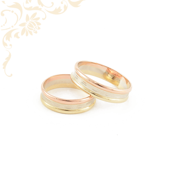 Arany karikagyűrű pár, sárga, fehérarany és rozé (vörös) arany kombinációjával