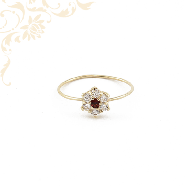 Piros és fehér színű kövekkel díszített női arany gyűrű
